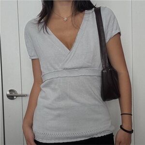 Tahari Soft Gray Wrap Short Sleeve Top